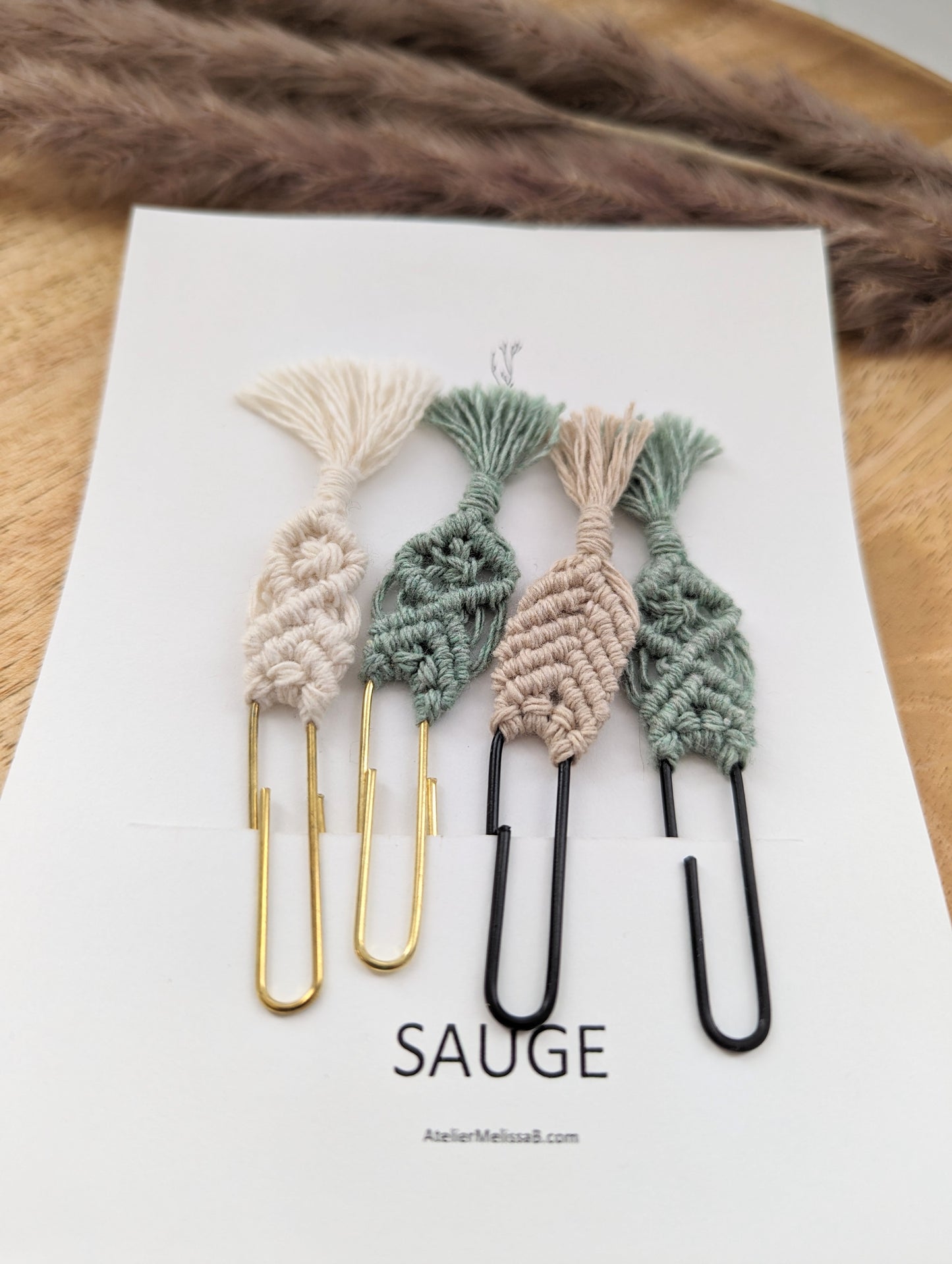 Ensemble de 4 marque-pages en macramé | sauge | Atelier MB