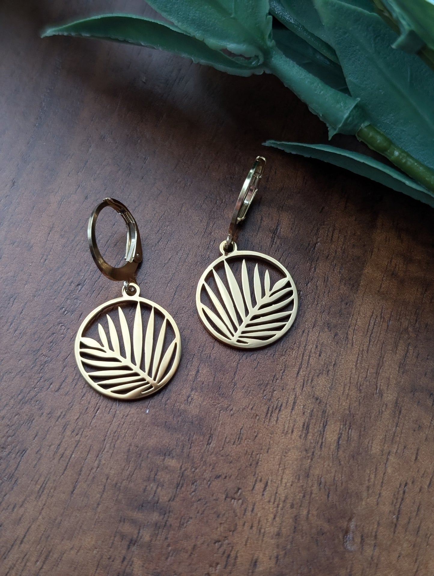 Boucles d'oreilles minimalistes feuille palmier en acier inoxydable (BO-1860)