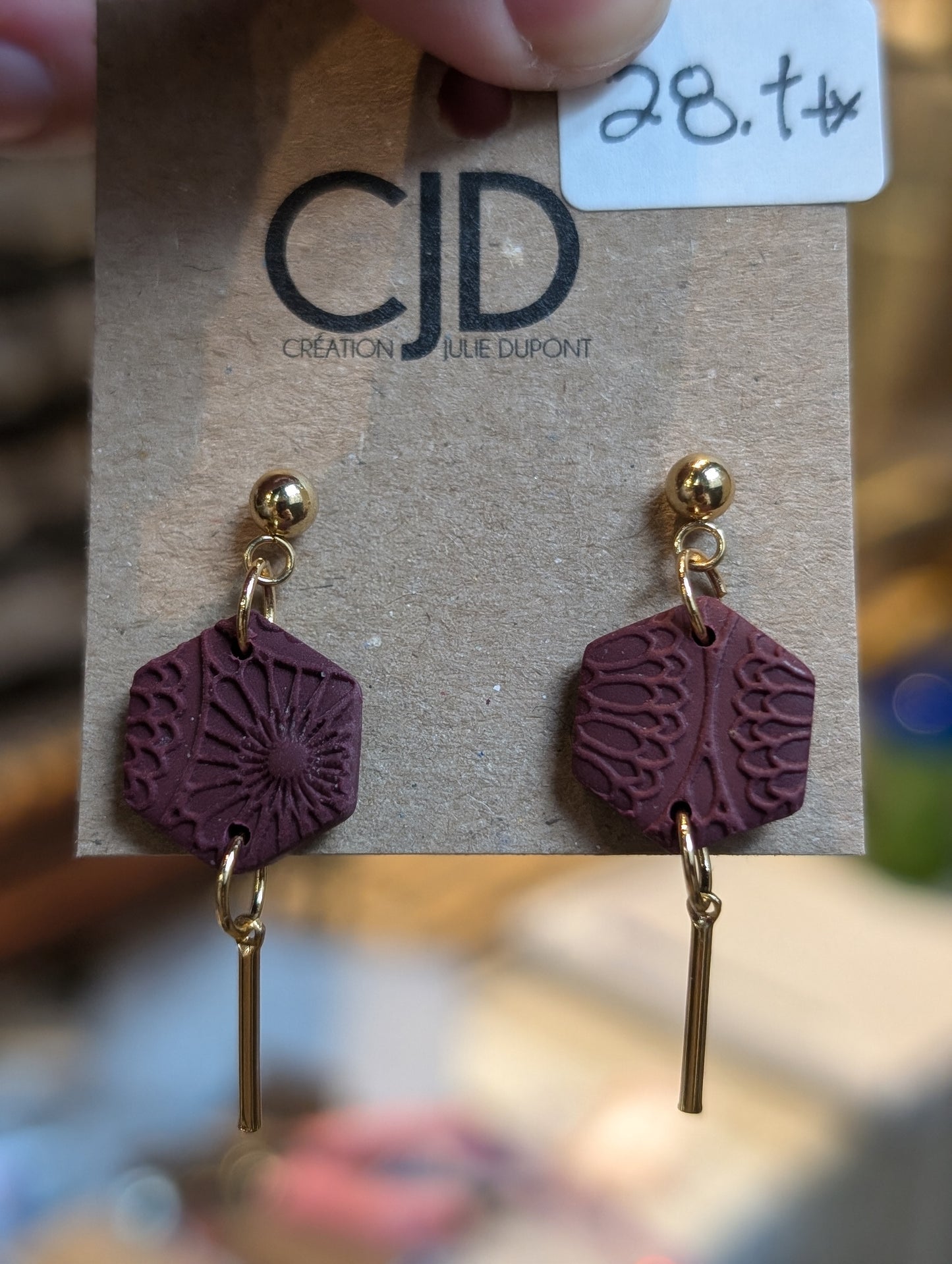 Boucles d'oreilles hexagone argile et laiton (BO-1897)