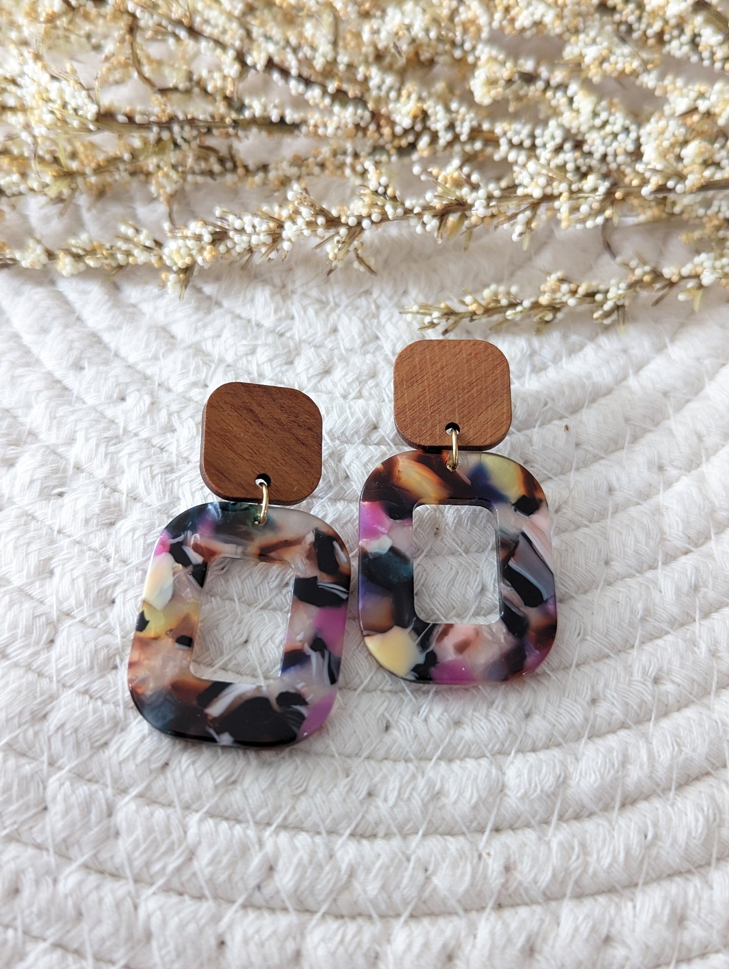Boucles d'oreilles stud bois et rectangle acetate (bo-1820)