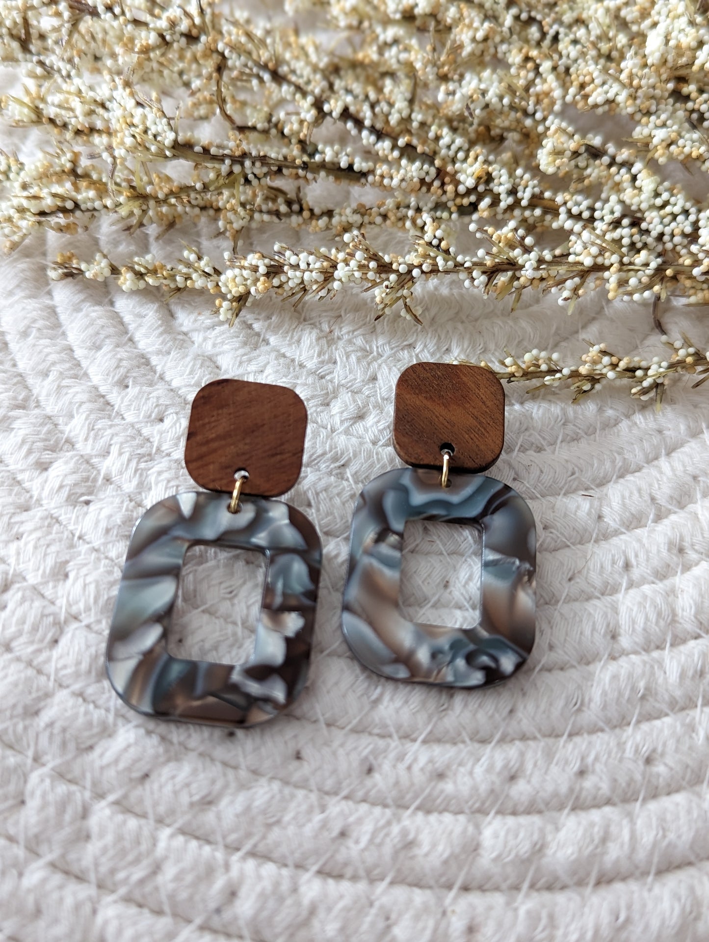 Boucles d'oreilles stud bois et rectangle acetate (bo-1820)