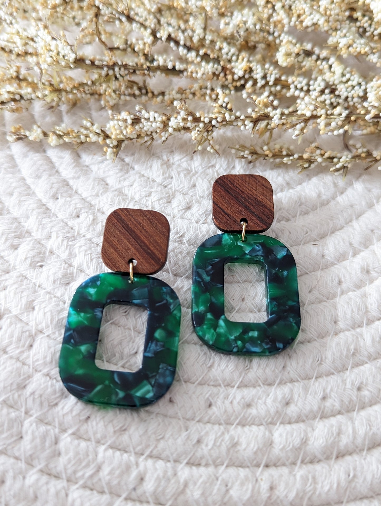 Boucles d'oreilles stud bois et rectangle acetate (bo-1820)