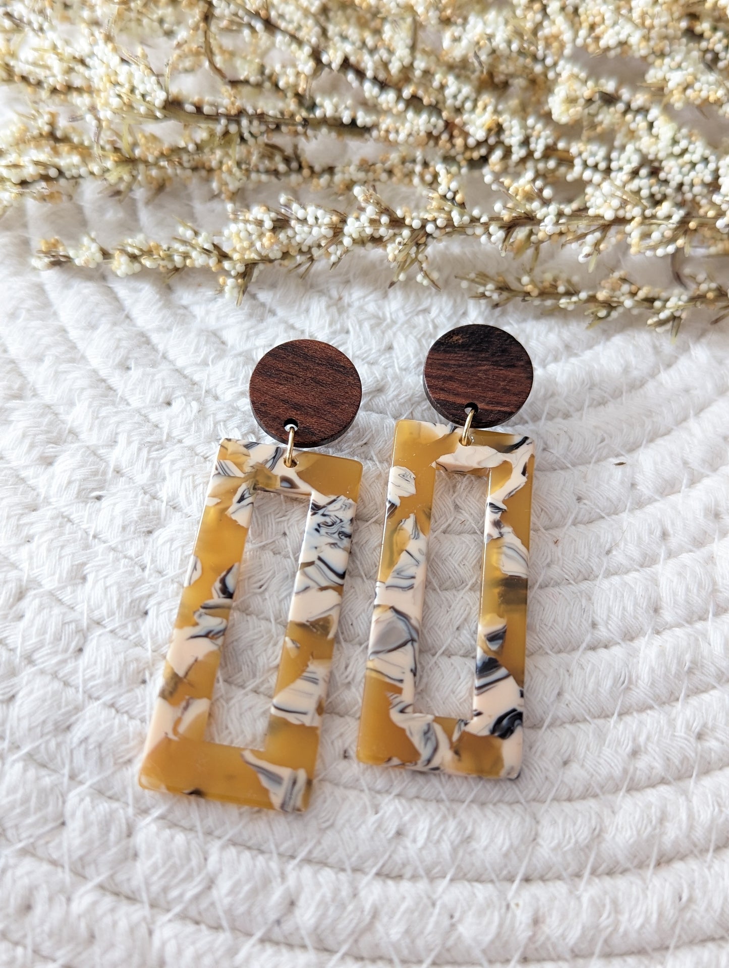 Boucles d'oreilles stud bois et rectangle acetate (bo-1821)