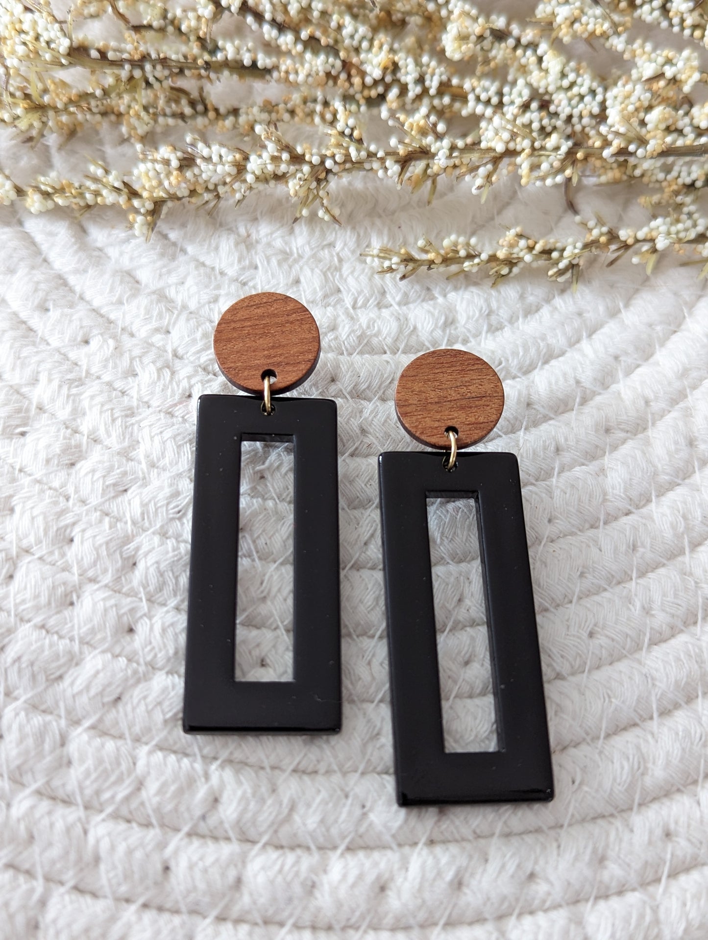 Boucles d'oreilles stud bois et rectangle acetate (bo-1821)