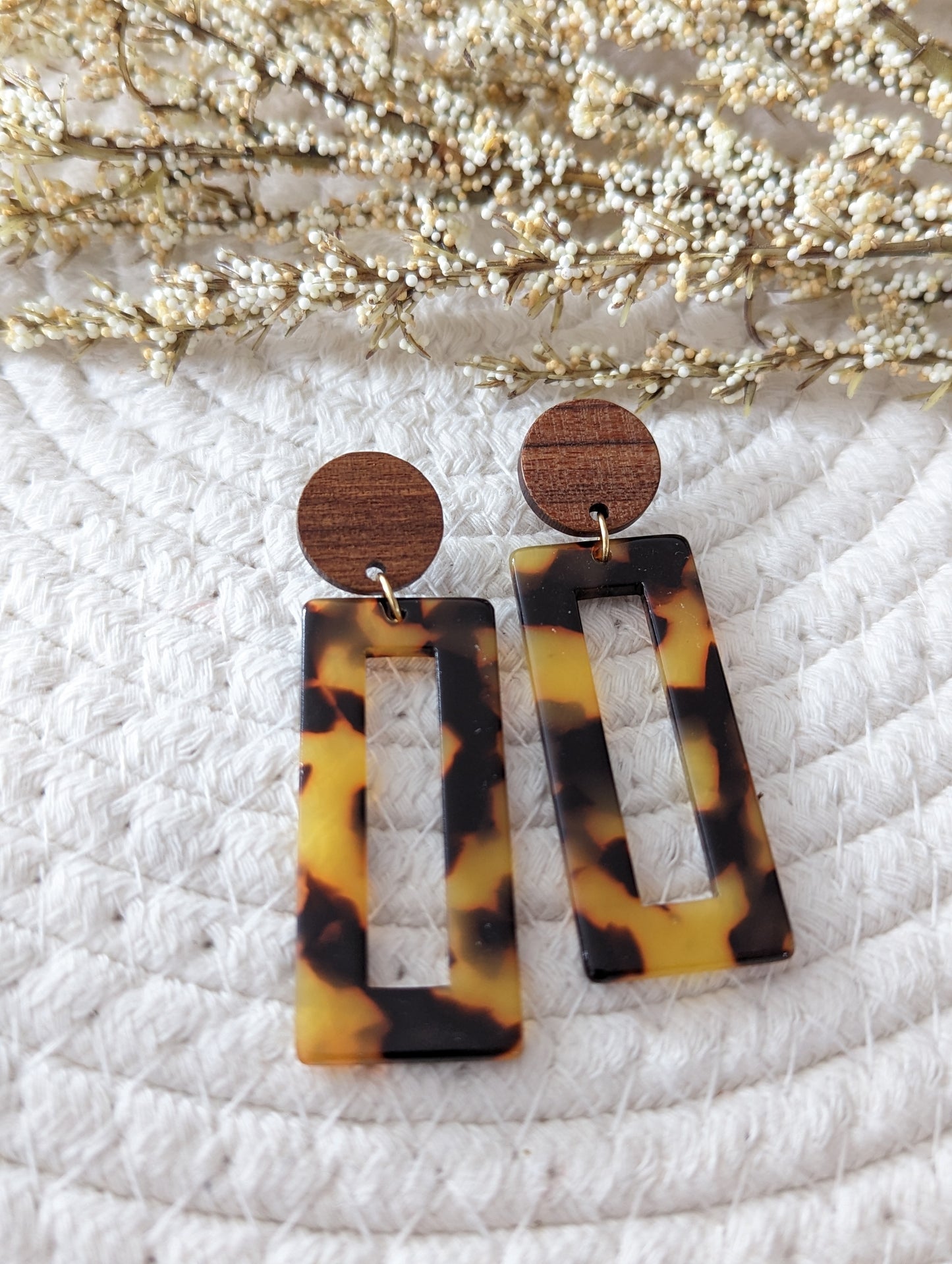 Boucles d'oreilles stud bois et rectangle acetate (bo-1821)