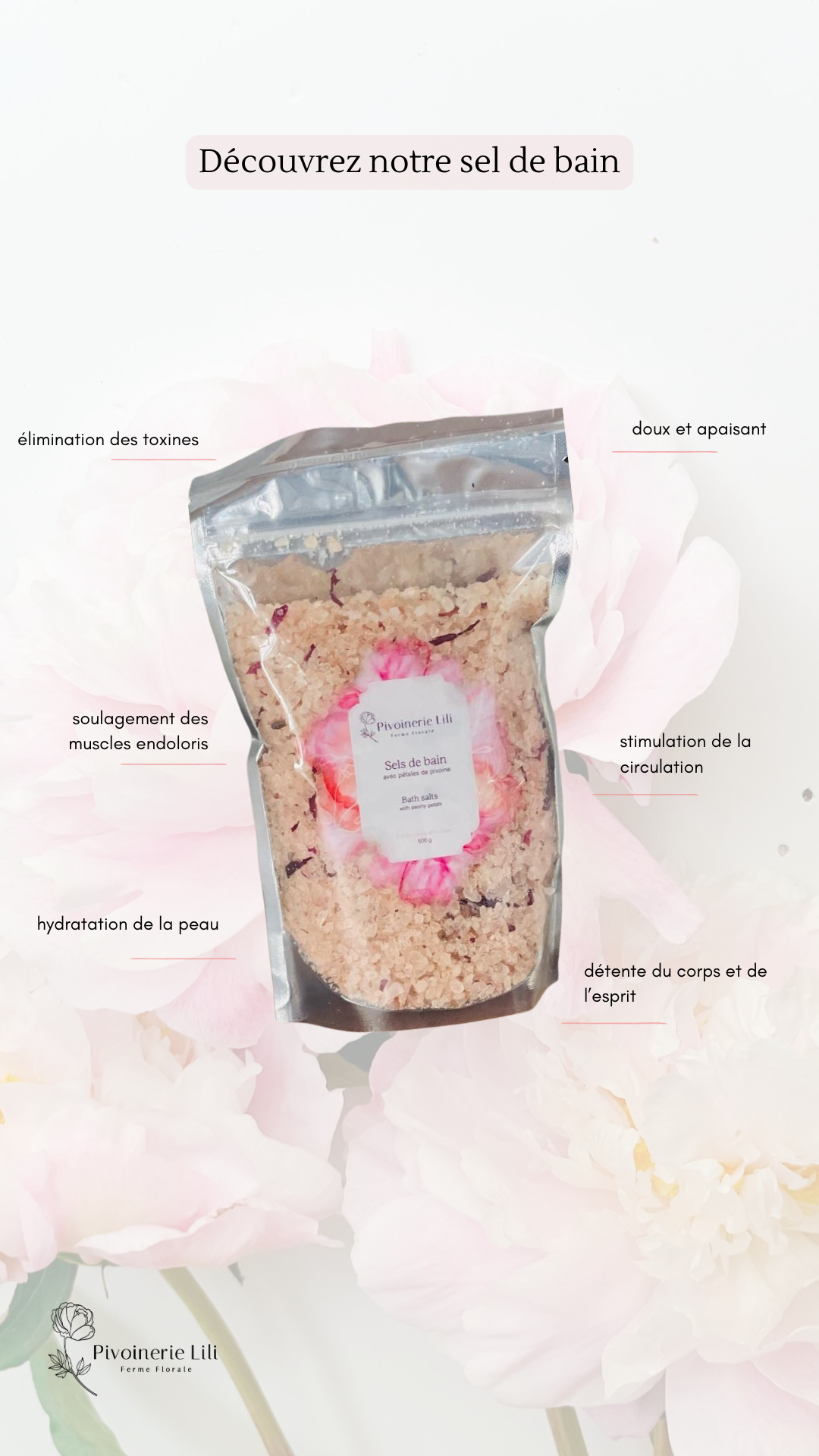 Sel de bain avec pétales de pivoine | Pivoinerie Lili