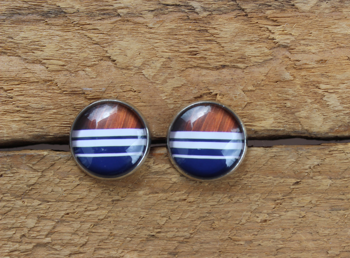 Petites merveilles motif marine et nois // navy and wood pattern earrings // cute glass cabochon (BO-1584)
