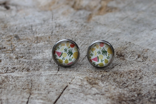 Petites merveilles salade de fruits // fruits glass cabochon earrings // fait au quebec (BO-1283)