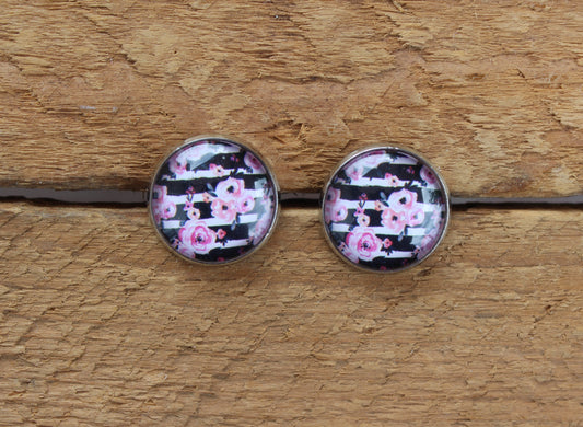 Petites merveilles fleurie // floral earrings // fleur rose // cute glass cabochon (BO-1598)