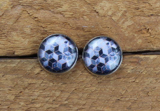 Petites merveilles motif geometrique gris // grey geometric pattern earrings // cute glass cabochon (BO-1583)